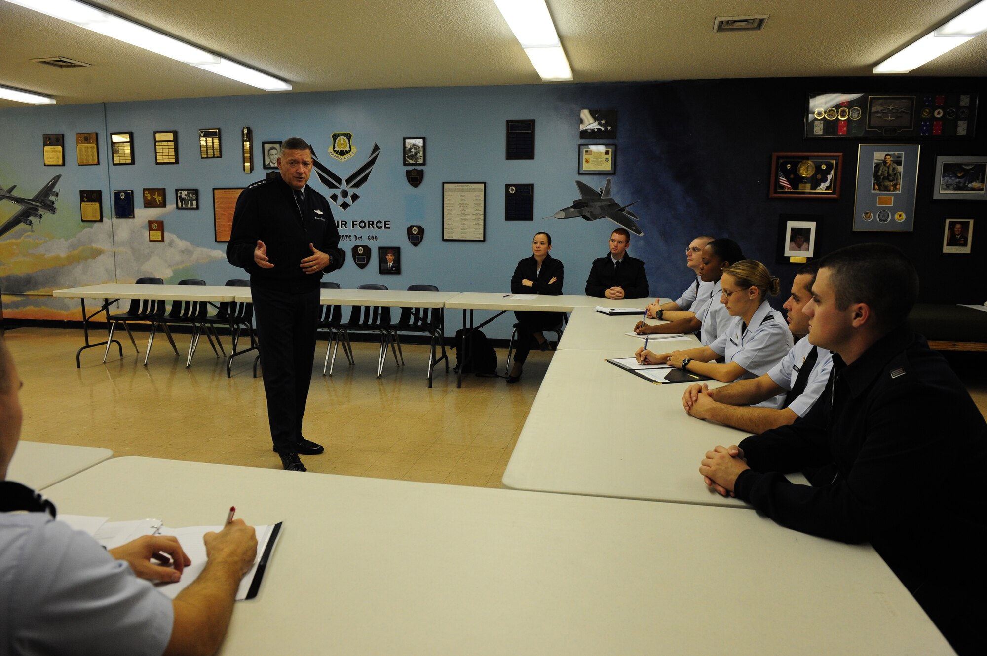 Gen. Gary North, Pacific Air Forces Commander, speaks with cadets from Air Force Reserve Officer Training Corps Detachment 600 at the East Carolina University campus in Greenville, N.C., Nov. 10, 2011.  North, an ECU Alumni, was a member of Det. 600 until graduating and commissioning in 1976 with a Bachelor's degree in political science.  Det. 600 is one of the oldest ROTC detachments in the Air Force, established in 1948, only a year after the Air Force became a separate service.  (U.S. Air Force photo/Capt. Matt Schroff)