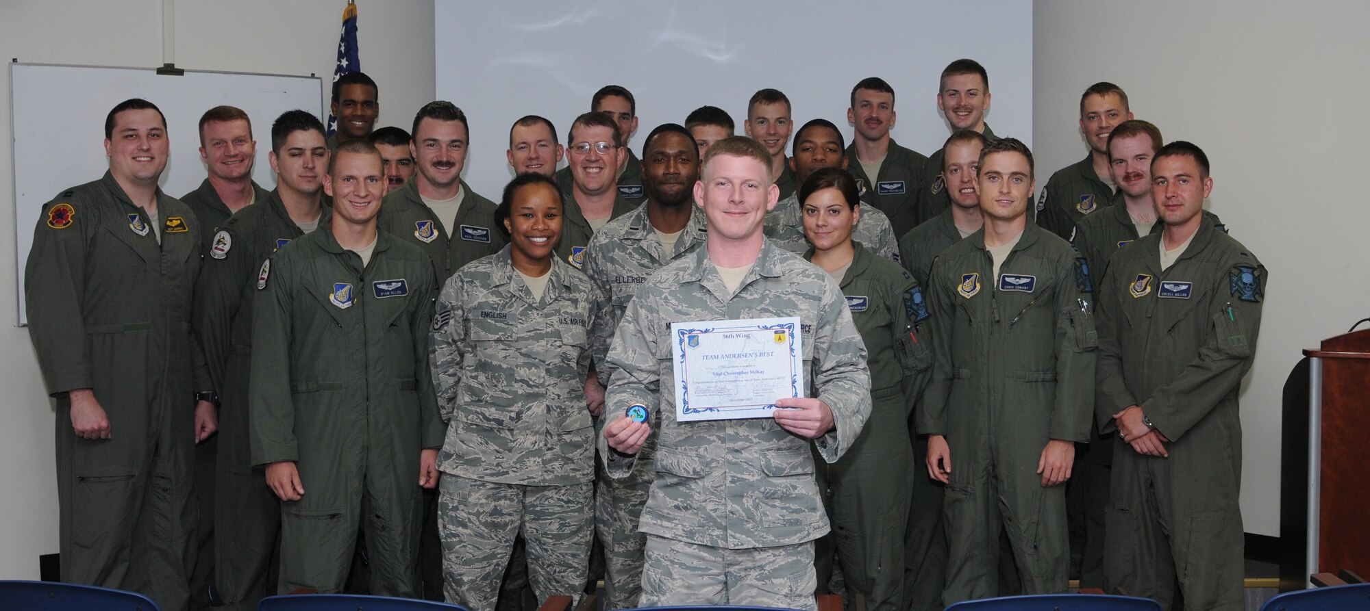 Staff Sgt. Christopher McKay, 20th Expeditionary Bomb Squadron intelligence
analyst, was awarded Andersen's Best here, Nov.3. Each week, supervisors
nominate a member of their team for outstanding performance and the wing
commander presents the selected Airman/Civilian with an award.  (U.S. Air
Force photo/Senior Airman Carlin Leslie) 
