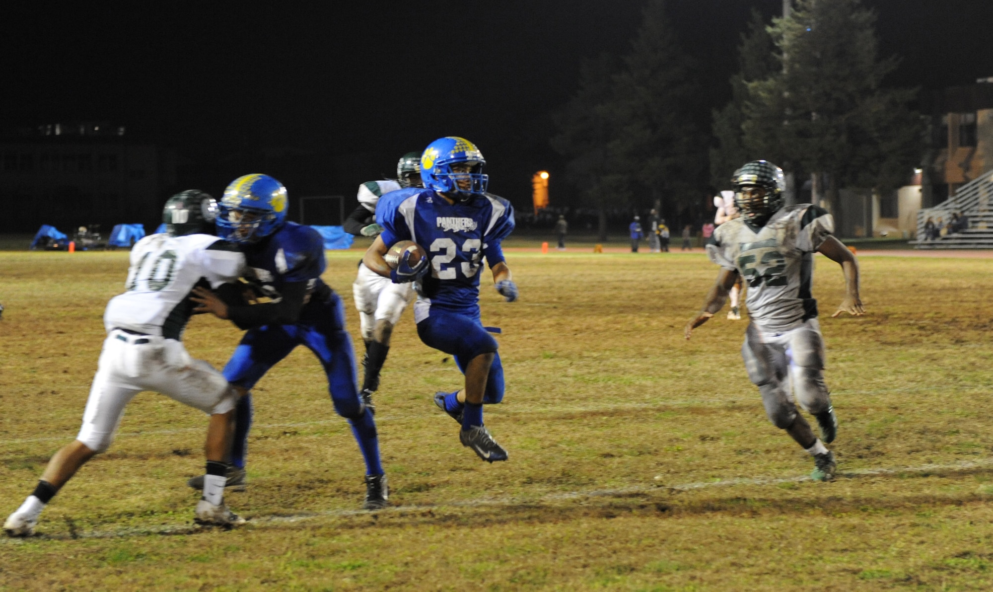 YOKOTA AIR BASE, Japan -- The Yokota Panthers and Kubasaki Dragons face-off during the Far East Championship game November 12, 2011. The Panthers defeated the Dragons 34-6 to clinch the Far East Division One title.
(U.S. Air Force photo/Capt. Raymond Geoffroy)