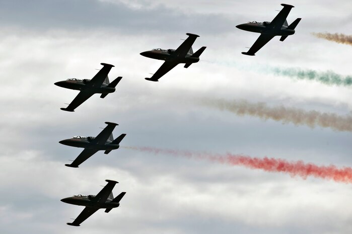 The Patriots Jet Demonstration Team perform their demo during the 2011 Aviation Nation Open House Nov. 13, at Nellis Air Force Base, Nev. Aviation Nation celebrates 70 years of airpower in Las Vegas and the Air Force's accomplishments in air, space and cyberspace. (U.S. Air Force photo by Senior Airman Brett Clashman/Released)