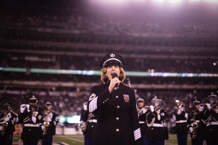 EAST RUTHERFORD, N.J. -- The United States Military Academy’s West Point Band performed at halftime during the New York Jets vs New Englad Patriots military appreciation game, Nov. 13. Marines, Sailors, Coast Guardsmen, Airmen and Soldiers unfurled an American Flag across the field during a pre-game ceremony as part of the Jets’ celebration of veterans. (Official Marine Corps photo by Sgt. Randall A. Clinton / RELEASED)