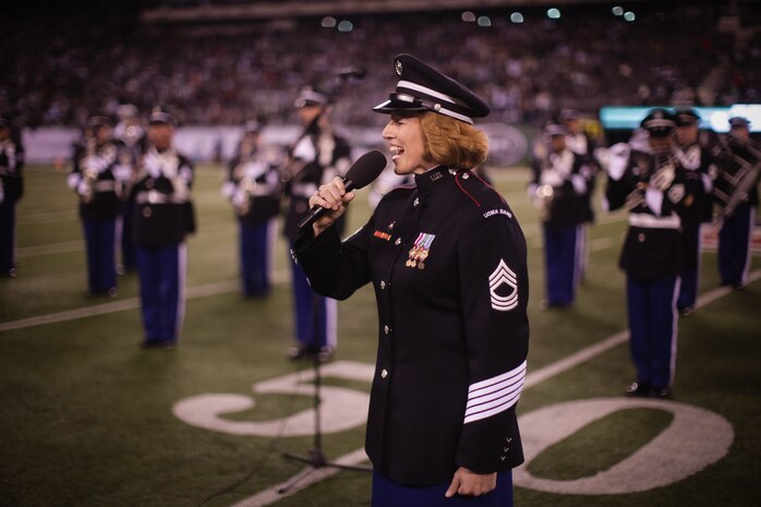 EAST RUTHERFORD, N.J. -- The United States Military Academy’s West Point Band performed at halftime during the New York Jets vs New Englad Patriots military appreciation game, Nov. 13. Marines, Sailors, Coast Guardsmen, Airmen and Soldiers unfurled an American Flag across the field during a pre-game ceremony as part of the Jets’ celebration of veterans. (Official Marine Corps photo by Sgt. Randall A. Clinton / RELEASED)