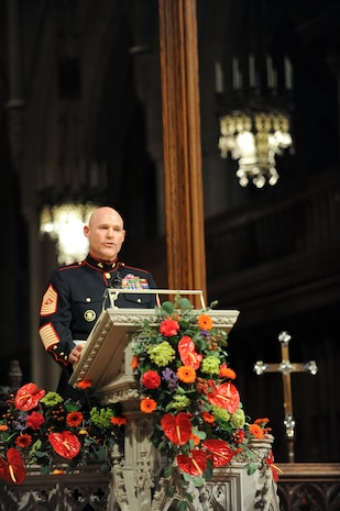 Sgt. Maj. Micheal P. Barrett, the 17th Sergeant Major of the Marine Corps, attends the Marine Corps Worship Service at the Washington National Cathedral, Nov. 13, 2011.