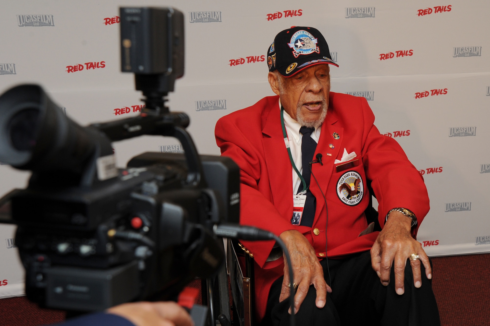 Lemuel A. Lewie Jr., Tuskegee Airman, is interviewed before the premiere of “Double Victory” Nov. 10, in the Pentagon, Arlington Va. “Double Victory” is a new documentary about the history of the Tuskegee Airmen and their struggles against fascism and racism during World War II. (U.S. Air Force photo by Staff Sgt. Christopher Ruano)
