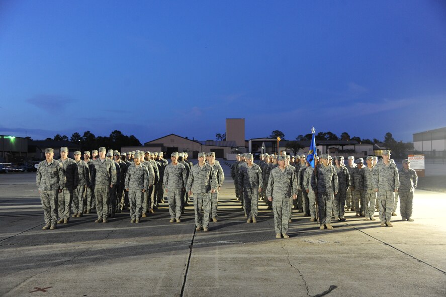 Members of the 822nd Base Defense Squadron stand in formation after returning from deployment to Iraq Nov. 12, 2011, at Moody Air Force Base, Ga. Over the past few years, the 822nd BDS has deployed to Iraq, Kuwait, Kyrgyzstan, Djibouti and New Orleans after Hurricane Katrina. Their deployment history is proof that they have a self-sustaining force protection capability ready to deploy worldwide at a moment's notice. (U.S. Air Force photo by Airman 1st Class Paul Francis/Released)
