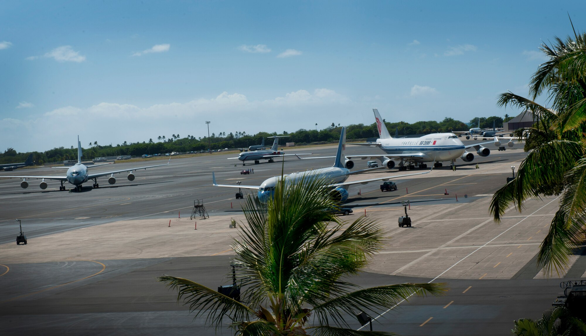 The 15th Wing flightline on Joint Base Pearl Harbor-Hickam hosts more than 21 foreign aircraft from various countries during the Asia Pacific Economic Corporation conference Nov. 12.APEC is the premier economic forum in the Asia-Pacific region. Established in 1989 and comprising 21 member economies from around the Pacific Rim, including the U.S., APEC fosters growth and prosperity by facilitating economic cooperation and expanding trade and investment throughout the region. (U.S. Air Force photo/Senior Airman Lauren Main)