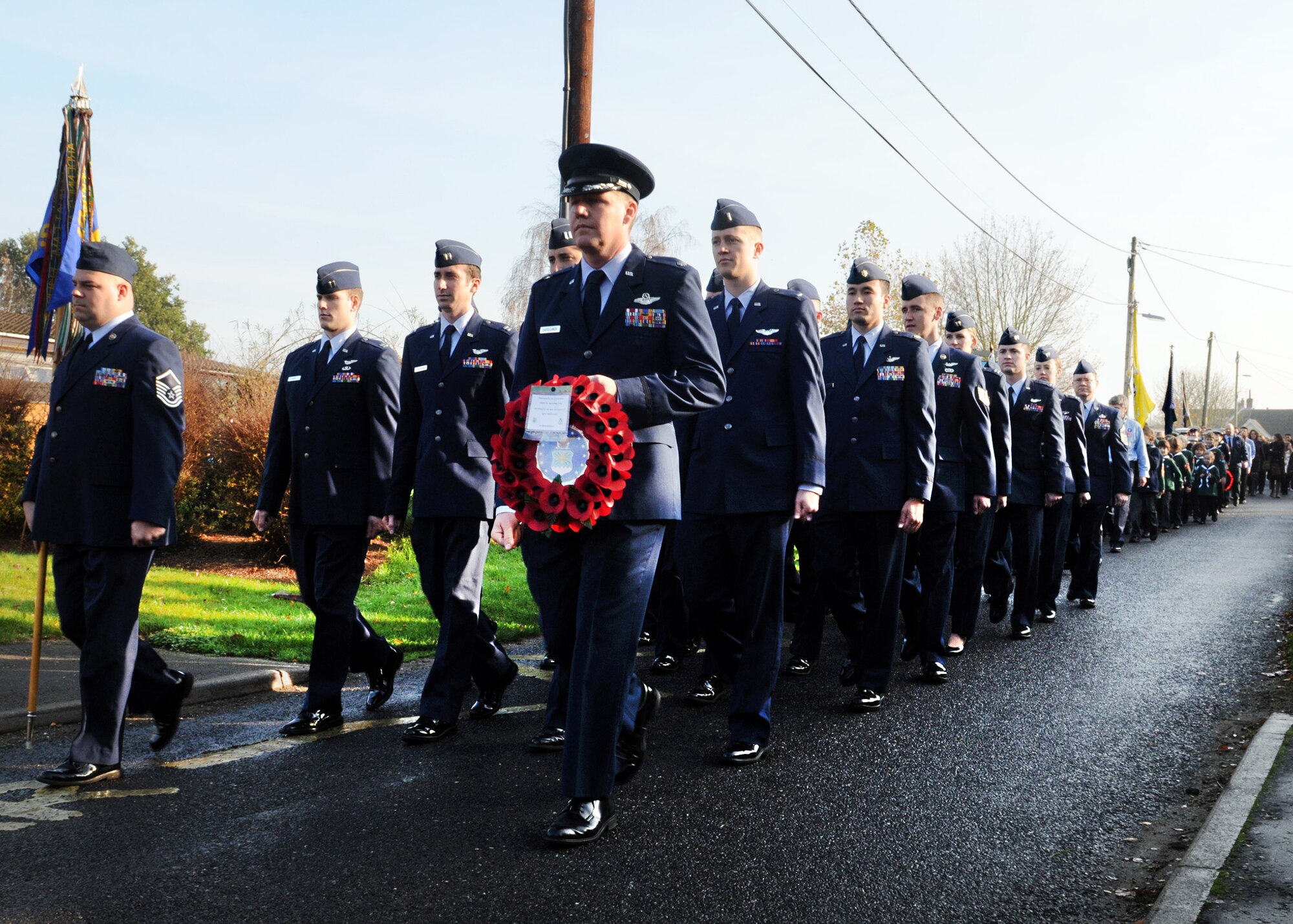 DICKLEBURGH, England – Airmen from the 351st Air Refueling Squadron march in a Remembrance Day ceremony Nov. 13, 2011 here.  The ceremony celebrated and honored Service members who scarified their lives during World War I. (U.S. Air Force photo/Staff Sgt. Tabitha M. Lee) 