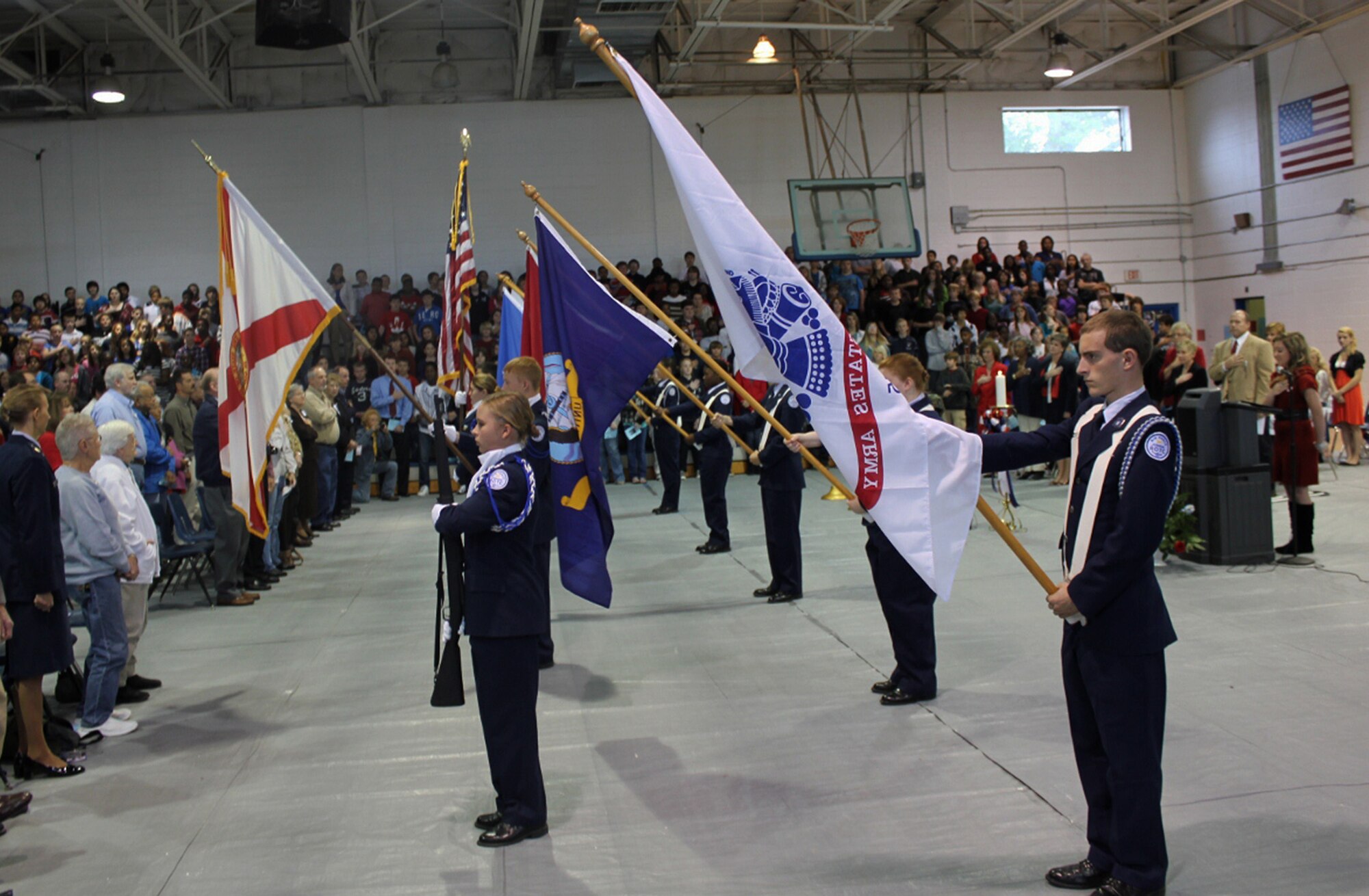 The Junior-ROTC from Walton High School presents the colors at Walton Middle School's Veteran's Day celebration Nov. 10.  (Courtesy photo) 