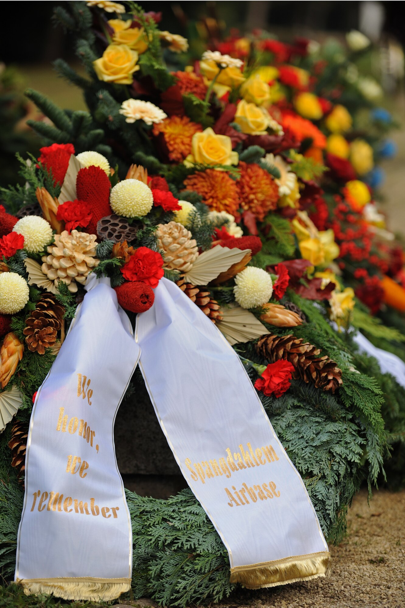 TRIER, Germany – Wreaths lay on display after a wreath laying ceremony for Volkstrauertag, or German Day of National Mourning, at the Trier main cemetery Nov. 13. Members of the 52nd Fighter Wing were invited to participate in the ceremony to remember German victims of war and tyranny. (U.S. Air Force photo/Airman 1st Class Matthew B. Fredericks)