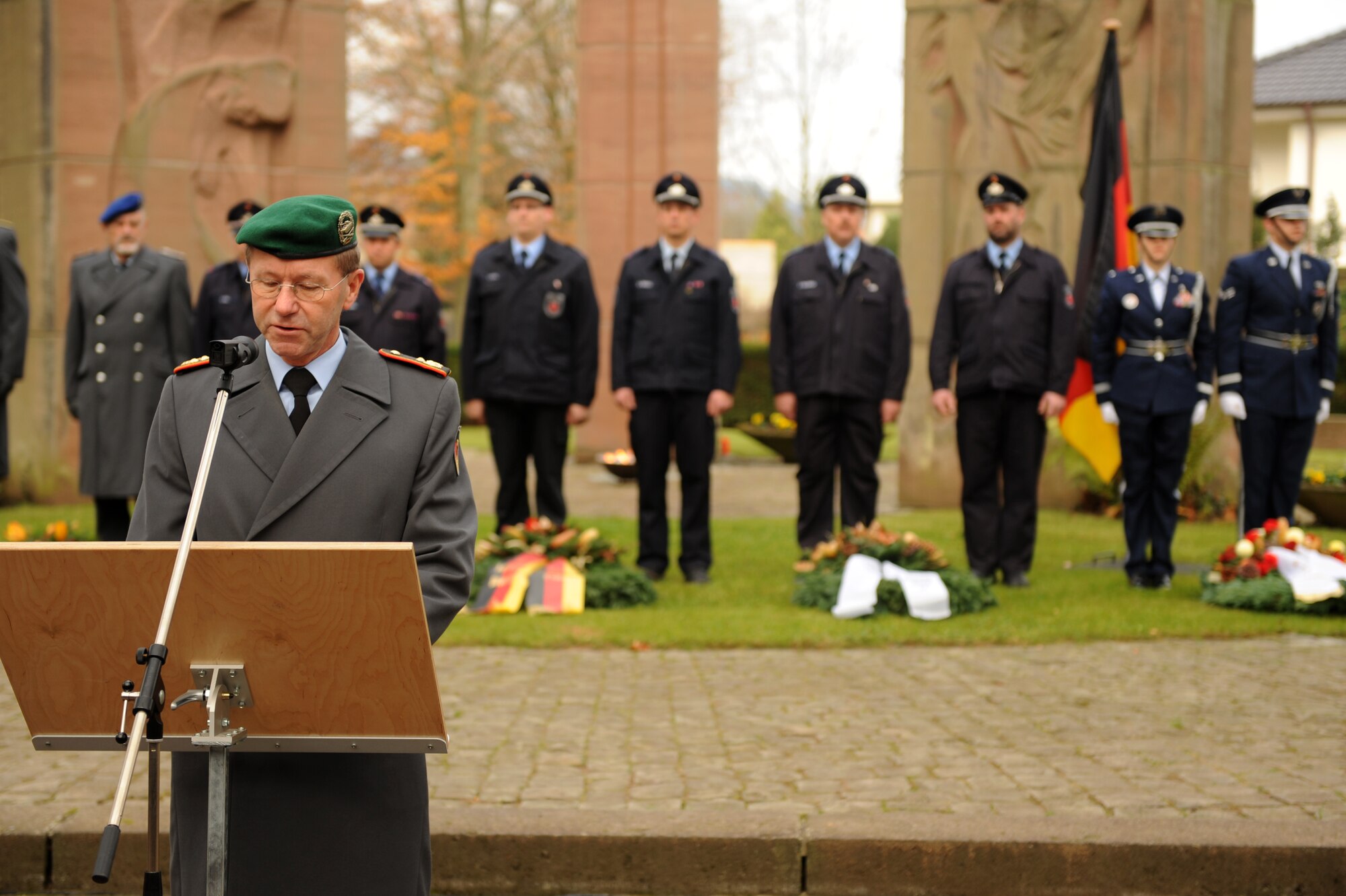 WITTLICH, Germany – German army Generalmajor Gerhard Stelz, Military District II commander, speaks during a wreath laying ceremony for Volkstrauertag, or German Day of National Mourning, at the Wittlich main cemetery Nov. 13. Members of the 52nd Fighter Wing were invited to participate in the ceremony to remember German victims of war and tyranny. (U.S. Air Force photo/Airman 1st Class Matthew B. Fredericks)