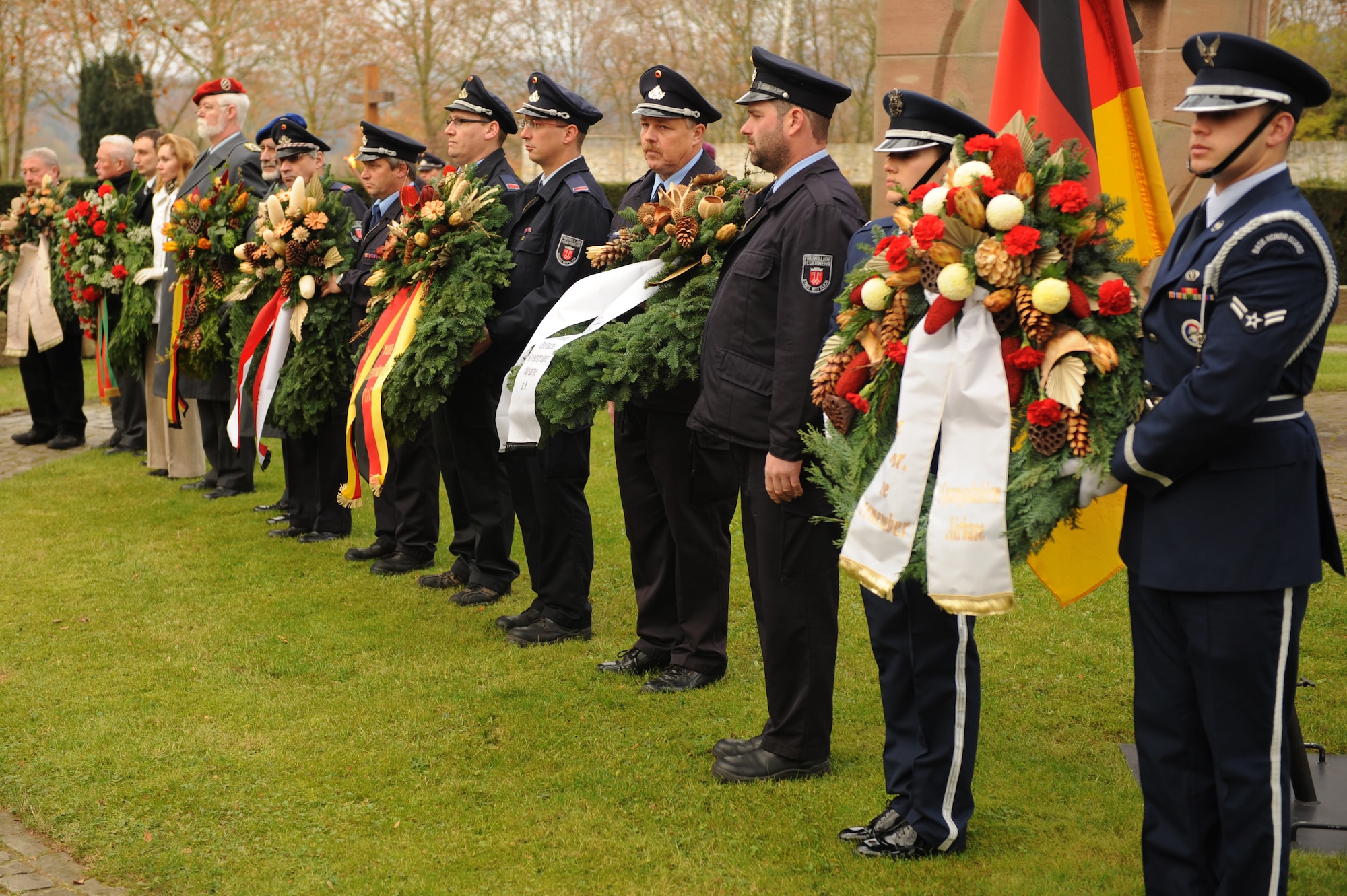 WITTLICH, Germany – German military members, firefighters, and members of the 52nd Fighter Wing Honor Guard present wreaths during a wreath laying ceremony for Volkstrauertag, or German Day of National Mourning, at the Wittlich main cemetery Nov. 13. Members of the 52nd Fighter Wing were invited to participate in the ceremony to remember German victims of war and tyranny. (U.S. Air Force photo/Airman 1st Class Matthew B. Fredericks)