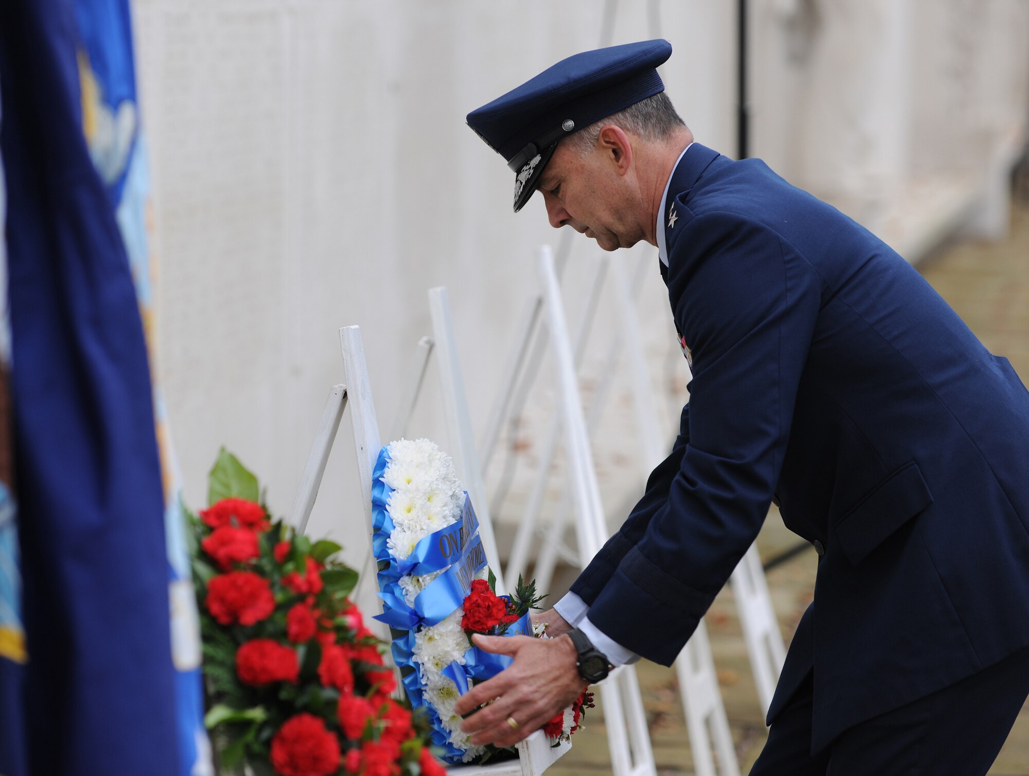 CAMBRIDGE, United Kingdom - Maj. Gen. Mark Zamzow, 3rd Air Force vice commander, lays a wreath on behalf of the men and women of 3rd Air Force at Cambridge American Cemetery and Memorial Nov. 11. (U.S. Air Force photo by Tech. Sgt. John Barton)