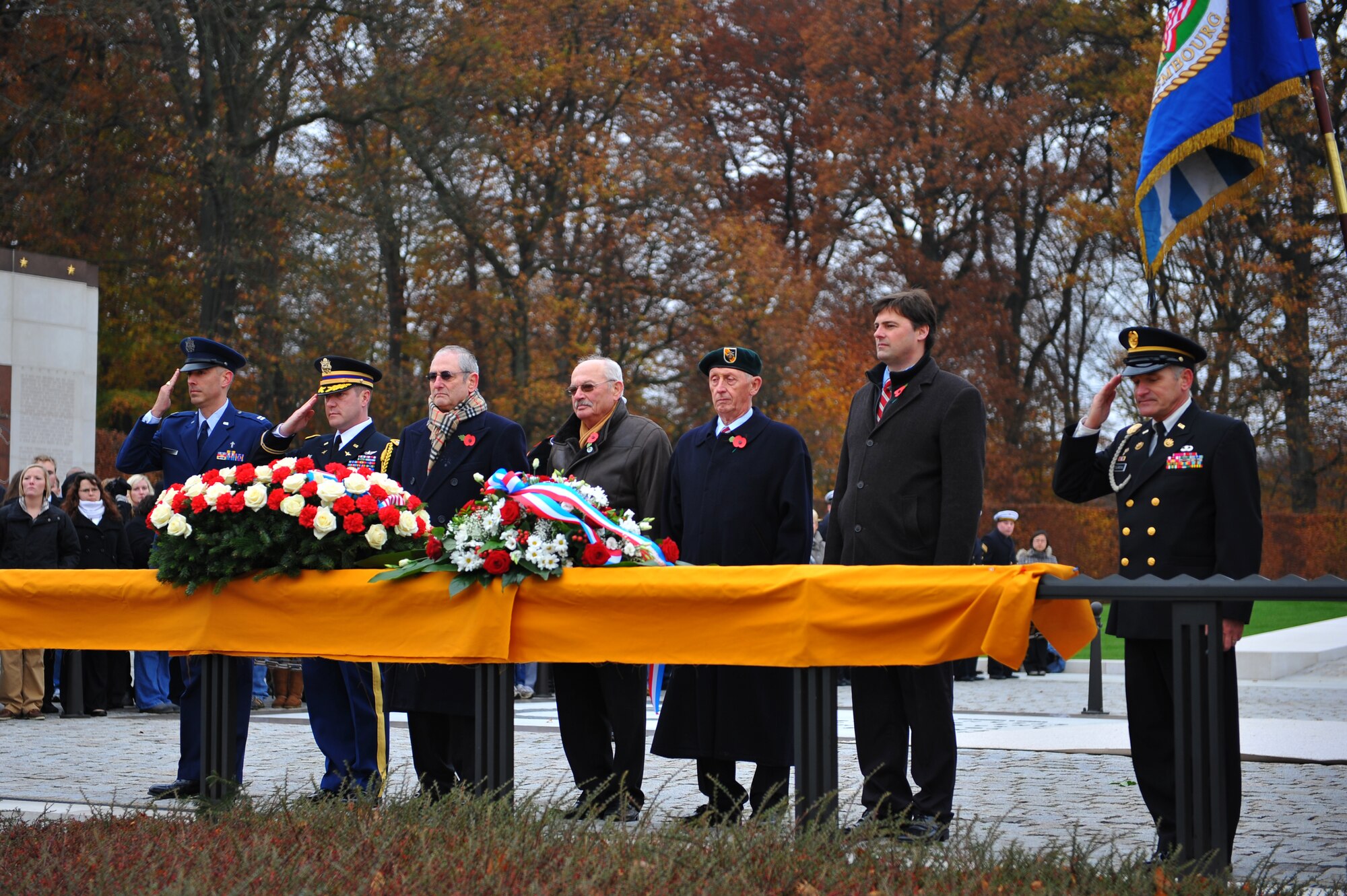 LUXEMBOURG – U.S. and Luxembourg dignitaries offer their respects to veterans killed in action during a Veterans Day ceremony here Nov. 11. The Luxembourg American Cemetery hosts a ceremony each year to pay respect to the military members sacrificed to defend our freedom. (U.S. Air Force photo/Airman 1st Class Dillon Davis)