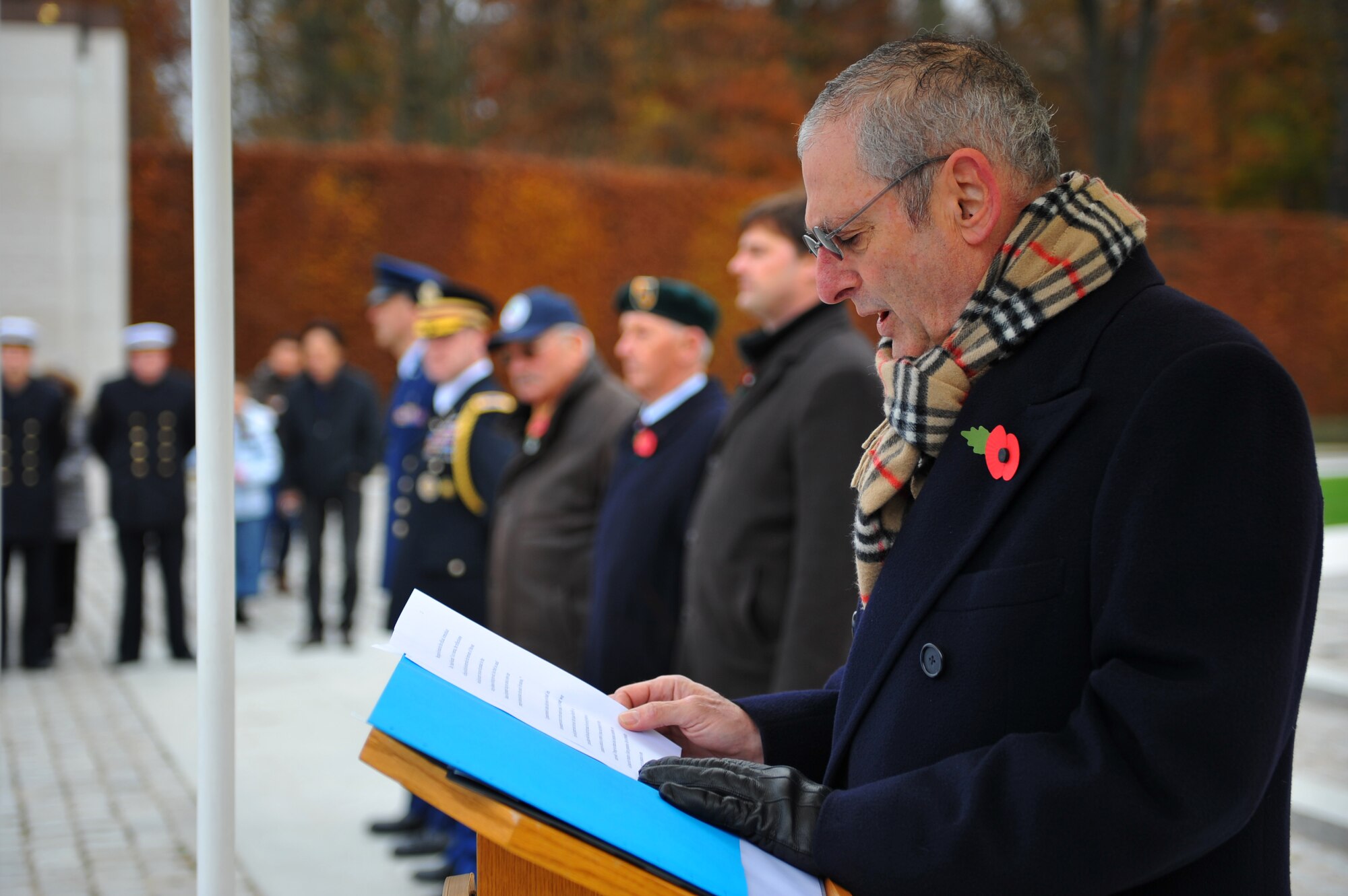 LUXEMBOURG – David R. Fetter, U.S. ambassador to Luxembourg, speaks to military members, veterans and visitors during the Veterans Day ceremony at the Luxembourg American Cemetery here Nov. 11. The Luxembourg American Cemetery hosts a ceremony each year to pay respect to the military members sacrificed to defend our freedom. (U.S. Air Force photo/Airman 1st Class Dillon Davis)