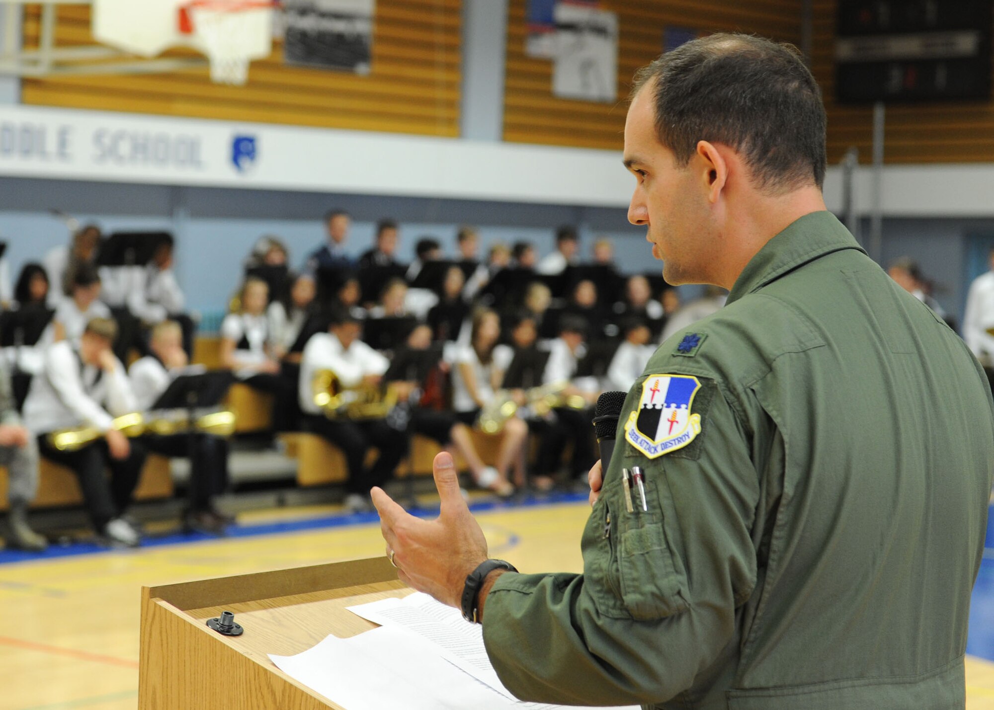BITBURG ANNEX, Germany – Lt. Col. George Stanley, 52nd Operations Support Squadron director of operations, speaks to students during a Veterans Day ceremony at Bitburg Middle School Nov. 9. Veterans Day is an annual U.S. holiday honoring military veterans who have served in the military past and present. (U.S. Air Force photo/Senior Airman Christopher Toon)