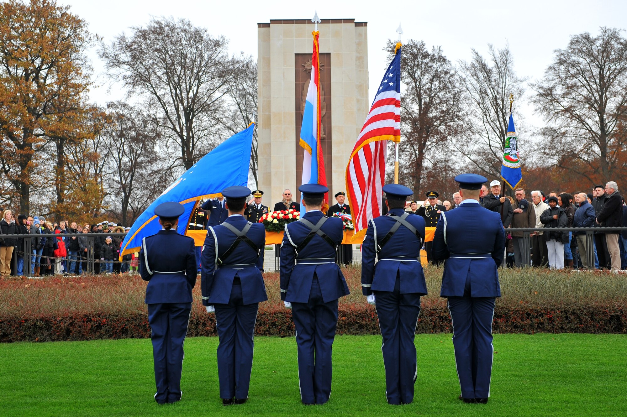 LUXEMBOURG – The 52nd Fighter Wing Honor Guard posts the colors during a Veterans Day ceremony here Nov. 11. The Luxembourg American Cemetery hosts a ceremony each year to pay respect to the military members sacrificed to defend our freedom. (U.S. Air Force photo/Airman 1st Class Dillon Davis)