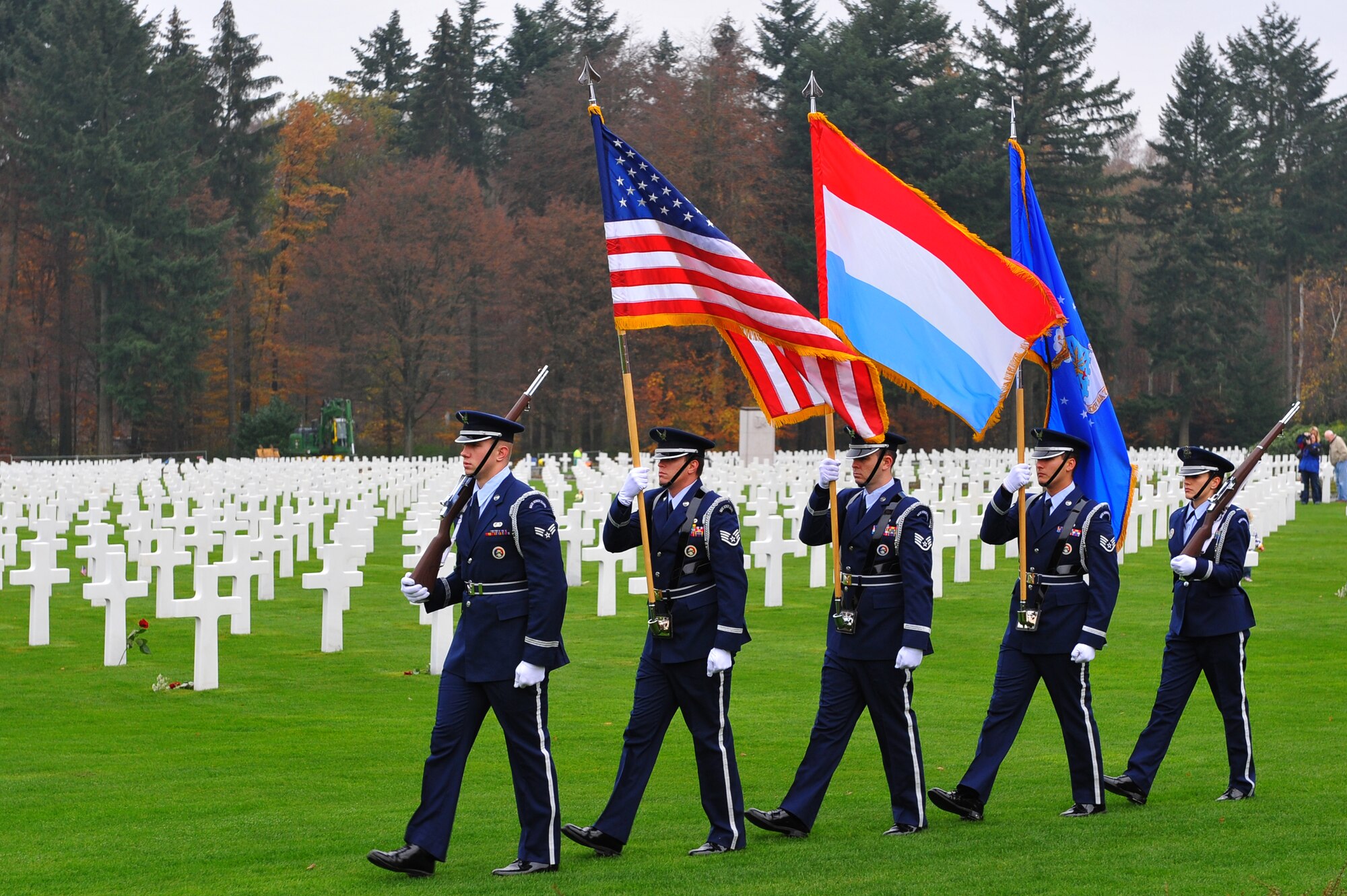 LUXEMBOURG – The 52nd Fighter Wing Honor Guard posts the colors during a Veterans Day ceremony here Nov. 11. The Luxembourg American Cemetery hosts a ceremony each year to pay respect to the military members sacrificed to defend our freedom. (U.S. Air Force photo/Airman 1st Class Dillon Davis)