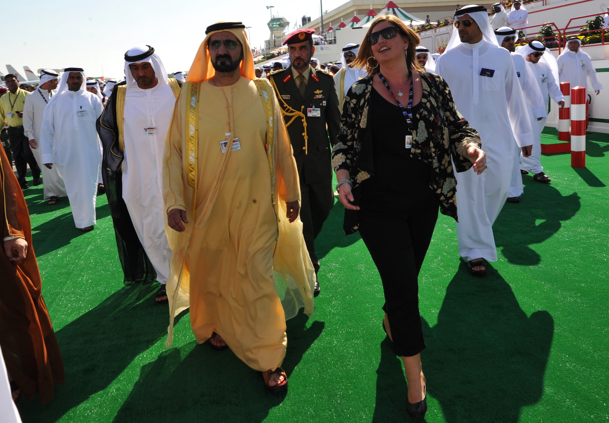 Vice President and Prime Minister of the United Arab of Emirates and Ruler of Dubai His Highness Shaikh Mohammad Bin Rashid Al Maktoum tours the static aircraft park during the Dubai Airshow Nov. 13, 2011. The air show featured a variety of aircraft from the U.S. Department of Defense, its allies and partners in the region. The U.S. participation demonstrates the shared commitment to regional security and stability. (U.S. Air Force photo by Tech. Sgt. Rey Ramon)
