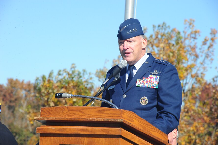 Gen. Gary North, Pacific Air Forces Commander, asks veterans of America's wars to stand and be recognized during a Veterans Day ceremony at the Town Commons in Greenville, N.C., Nov. 11, 2011.  North returned to Greenville to visit his alma mater East Carolina University, and to participate in the town's Veterans Day celebration.  In his speech, North remarked on the honorable contributions of veterans during our nation's wars, and asked the public to remember those currently serving in harm's way.  (U.S. Air Force photo/Capt. Matt Schroff)