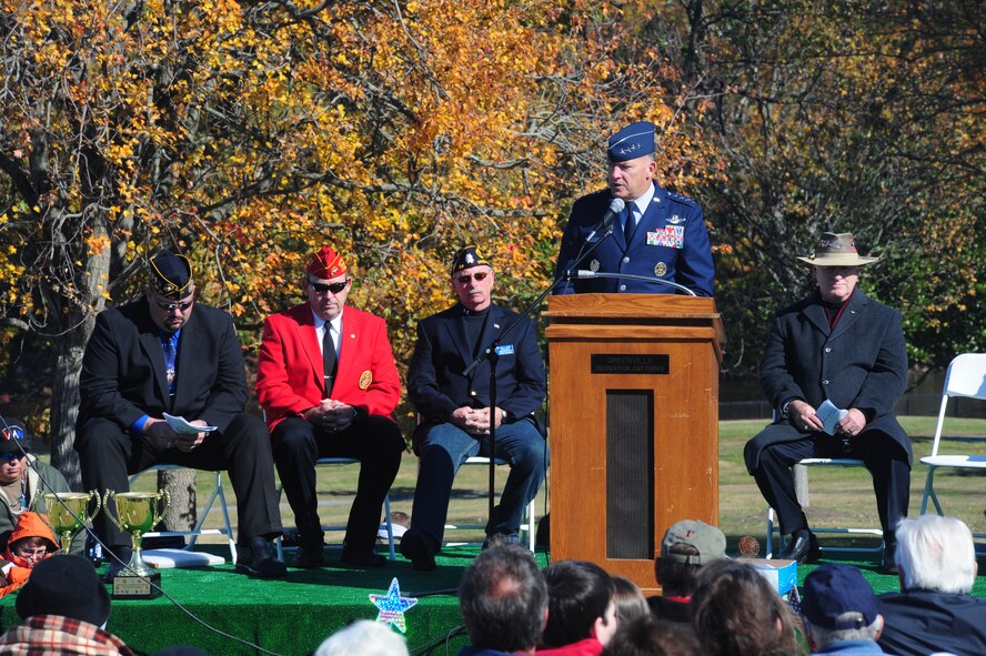 Gen. Gary North, Pacific Air Forces Commander, speaks at a Veterans Day ceremony at the Town Commons in Greenville, N.C., Nov. 11, 2011.  During his speech, North urged the public to thank all veterans, especially those from the Vietnam War who did not receive a warm welcome upon returning home.  North is a veteran of Operations Desert Storm, Southern Watch, Iraqi Freedom and Enduring Freedom, and has served as an Air Force officer for more than 35 years.  (U.S. Air Force photo/Capt. Matt Schroff)