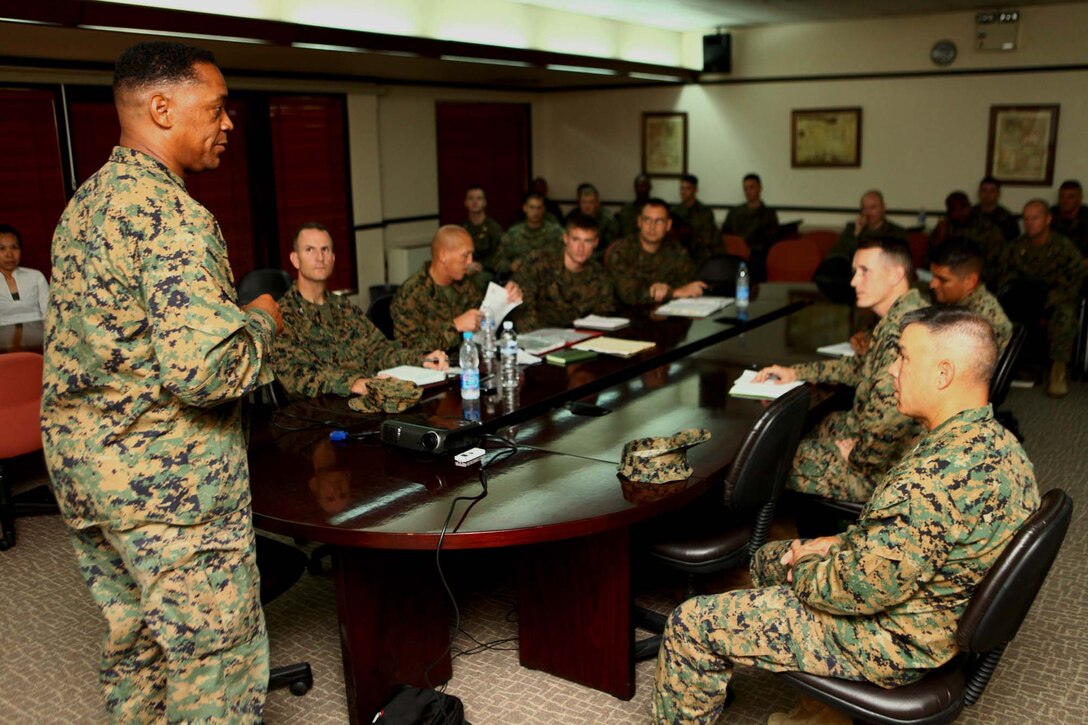 Brig. Gen. Craig C. Crenshaw, commander, III Marine Expeditionary Force Flood Relief Command Element, gives his commander’s intent to experts in various functional areas during an initial brief here Nov. 15. In coordination with the U.S. Embassy in Bangkok and the Royal Government of Thailand, U.S. Pacific Command directed theater service components to conduct joint operations in support of disaster assessment and relief operations in Thailand. III MEF Flood Relief Command Element consists of U.S. forces from Okinawa, Japan which will provide command and control for additional U.S. forces to assist the Royal Government of Thailand. (U.S. Marine Corps photo by Lance Cpl. Matheus J. Hernandez/Released)