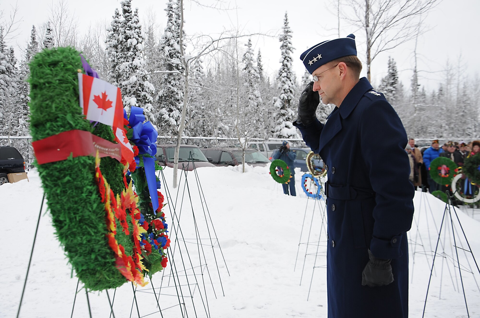OINT BASE ELMENDORF-RICHARDSON, Alaska -- Lt. Gen. Stephen Hoog salutes in honor of Veterans and Remembrance Day at the Fort Richardson National Cemetery, Alaska Nov. 11, 2011. The first remembrance day was conducted in 1919 throughout the British Commonwealth. Hoog is the ALCOM and 11th AF commander. (U.S. Air Force photo/Senior Airman Cynthia Spalding)