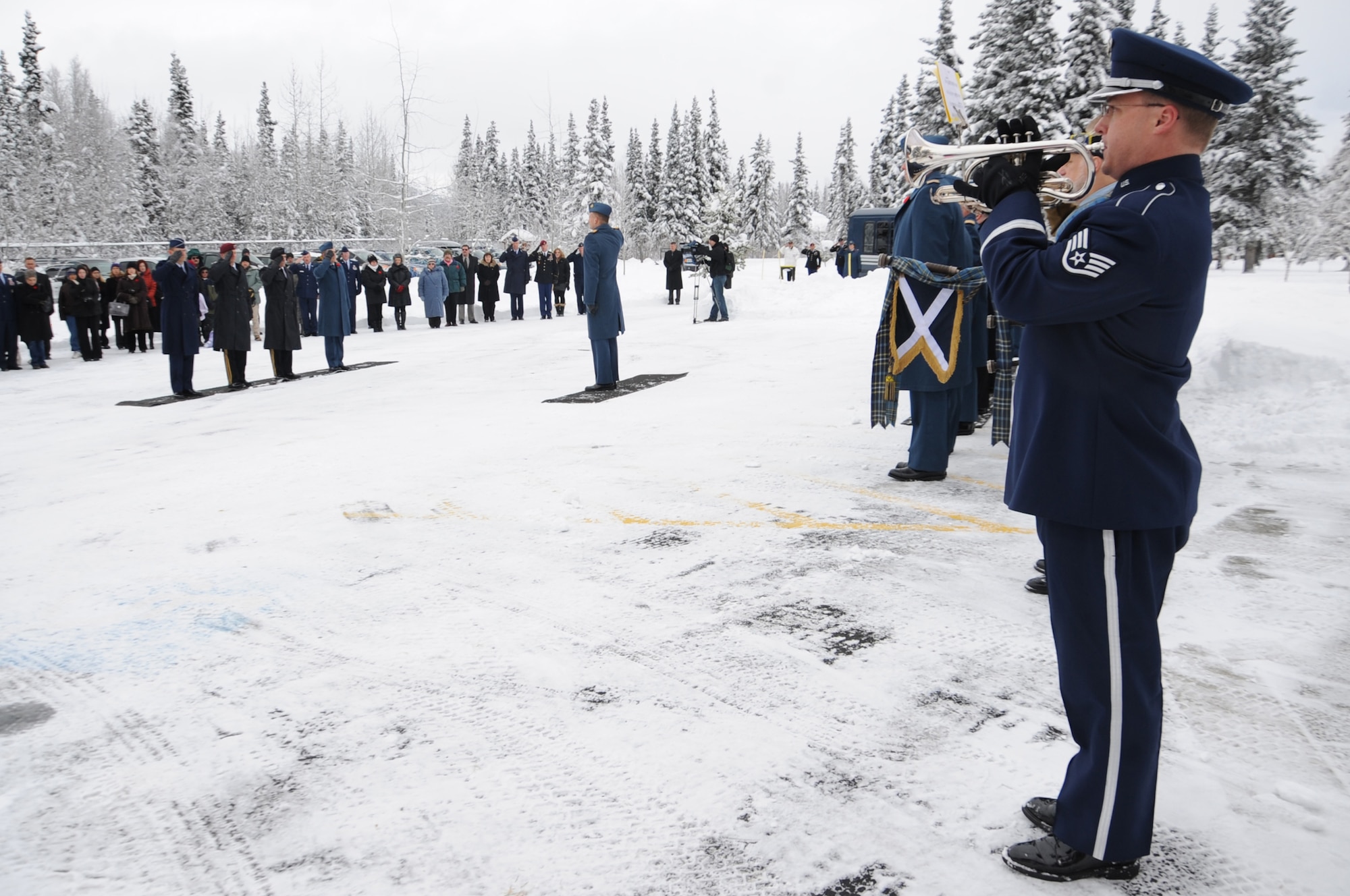 JOINT BASE ELMENDORF-RICHARDSON, Alaska -- An Air Force Band of the Pacific member performs taps during the Veterans and Remembrance Day ceremony at the Fort Richardson National Cemetery, Alaska Nov. 11, 2011. The first Remembrance Day was conducted in 1919 throughout the British Commonwealth. (U.S. Air Force photo/Senior Airman Cynthia Spalding)