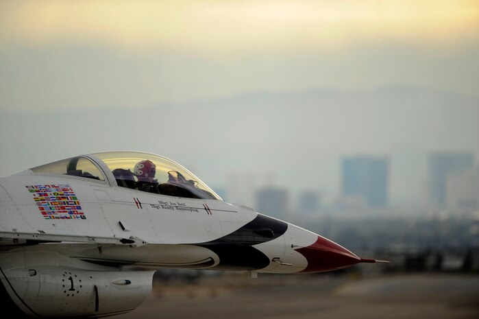 Lt. Col. Case Cunningham, Thunderbirds commander and lead pilot, taxis out for the start of the practice air show at Nellis Air Force Base, Nev., Nov. 11, 2011. The team's performance at "Aviation Nation 2011" concluded a busy and historic show season. (U.S. Air Force photo/Staff Sgt. Larry E. Reid Jr.)
