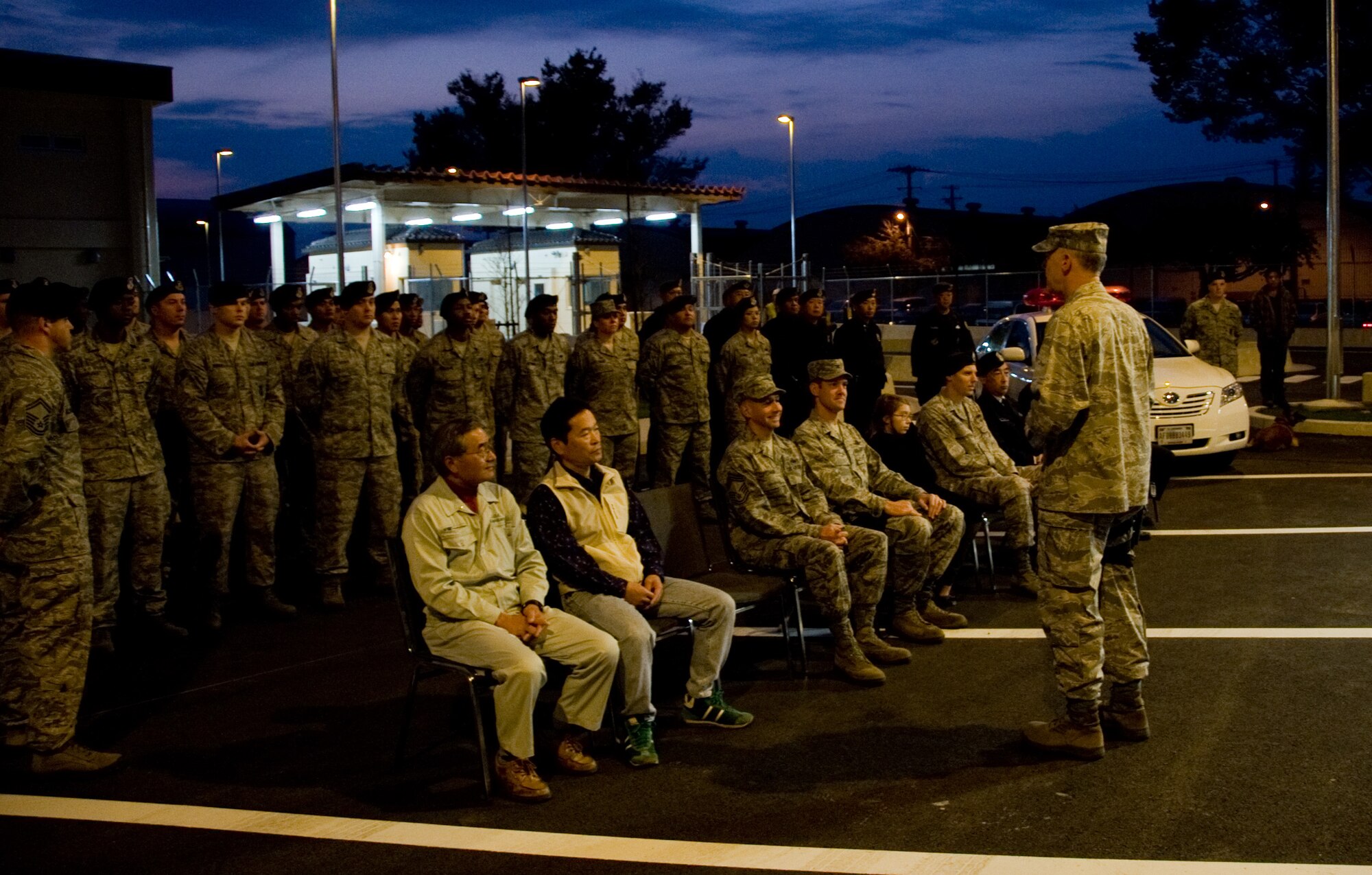 YOKOTA AIR BASE, Japan -- Col. Otto Feather, 374th Airlift Wing commander, speaks during the opening ceremony and ribbon cutting for the newly built supply gate at Yokota Air Base, Japan, Nov. 14, 2011. This nine month long project combined Pass and Id with the supply gate. (U.S. Air Force photo/Airman 1st Class Krystal M. Garrett)
