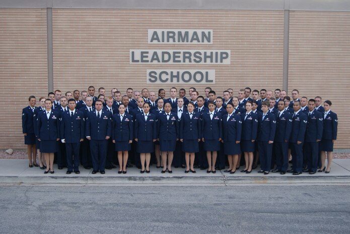Members of the Airman Leadership School Class 12-A pose together for a class photo prior to their graduation ceremony Nov. 10, 2011, on Nellis Air Force Base, Nev.  62 Airmen completed their first Professional Military Education milestone by graduating this course.  (Courtesy photo)