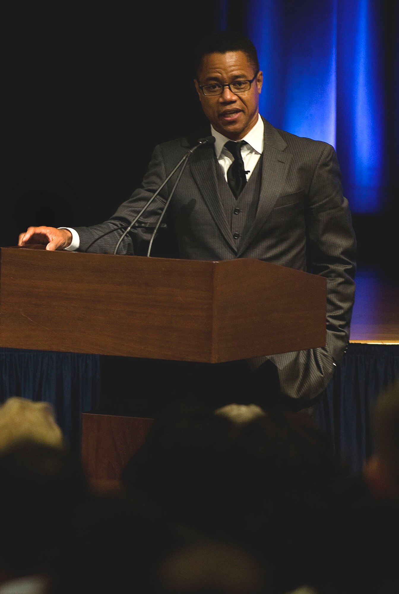 Cuba Gooding Jr. addresses the audience during a screening of the documentary "Double Victory" Nov. 10, 2011, at the Pentagon. Double Victory tells the story of the Tuskegee Airmen during World War II. Gooding is the narrator of the documentary and stars in a feature film called "Red Tails" about the Tuskegee Airmen. (U.S. Air Force photo/Staff Sgt. Tiffany Trojca)
