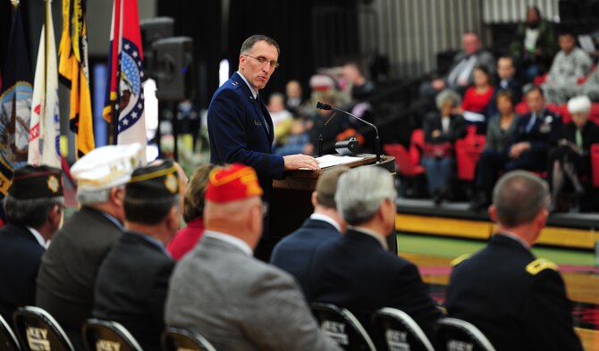 WARRENSBURG, Mo.  -- Brig. Gen. Scott A. Vander Hamm, 509th Bomb Wing commander, gives the keynote speech during a Veterans Day ceremony at the University of Central Missouri’s multi-purpose center Nov. 11. Veterans Day, formerly known as Armistice Day, is an annual U.S. holiday honoring military Veterans. Its date marks the anniversary of the German signing of the Armistice at the 11th hour of the 11th day in 1918, ending major hostilities of World War I. More than 70 Vietnam War veterans participated in the ceremony at UCM. (U.S. Air Force photo/Senior Airman Nick Wilson)