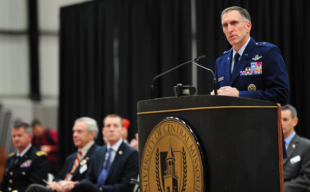 WARRENSBURG, Mo.  -- Brig. Gen. Scott A. Vander Hamm, 509th Bomb Wing commander, gives the keynote speech during a Veterans Day ceremony at the University of Central Missouri’s multi-purpose center Nov. 11. Veterans Day, formerly known as Armistice Day, is an annual U.S. holiday honoring military Veterans. Its date marks the anniversary of the German signing of the Armistice at the 11th hour of the 11th day in 1918, ending major hostilities of World War I. More than 70 Vietnam War veterans participated in the ceremony at UCM. (U.S. Air Force photo/Senior Airman Nick Wilson)