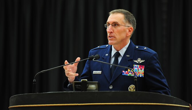 WARRENSBURG, Mo.  -- Brig. Gen. Scott A. Vander Hamm, 509th Bomb Wing commander, gives the keynote speech during a Veterans Day ceremony at the University of Central Missouri’s multi-purpose center Nov. 11. Veterans Day, formerly known as Armistice Day, is an annual U.S. holiday honoring military Veterans. Its date marks the anniversary of the German signing of the Armistice at the 11th hour of the 11th day in 1918, ending major hostilities of World War I. More than 70 Vietnam War veterans participated in the ceremony at UCM. (U.S. Air Force photo/Senior Airman Nick Wilson)