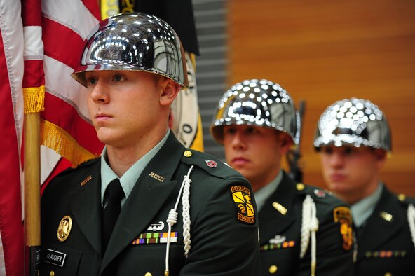 WARRENSBURG, Mo.  -- Cadets from the University of Central Missouri’s Reserve Officer Training Corps stand at right shoulder arms before posting the colors at a Veterans Day ceremony at the University of Central Missouri’s multi-purpose center Nov. 11. Veterans Day, formerly known as Armistice Day, is an annual U.S. holiday honoring military Veterans. Its date marks the anniversary of the German signing of the Armistice at the 11th hour of the 11th day in 1918, ending major hostilities of World War I. More than 70 Vietnam War veterans participated in the ceremony at UCM. (U.S. Air Force photo/Senior Airman Nick Wilson)