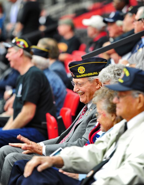 WARRENSBURG, Mo.  -- Vietnam veterans share a laugh before a Veterans Day ceremony at the University of Central Missouri’s multi-purpose center Nov. 11. Veterans Day, formerly known as Armistice Day, is an annual U.S. holiday honoring military Veterans. Its date marks the anniversary of the German signing of the Armistice at the 11th hour of the 11th day in 1918, ending major hostilities of World War I. More than 70 Vietnam War veterans participated in the ceremony at UCM. (U.S. Air Force photo/Senior Airman Nick Wilson)