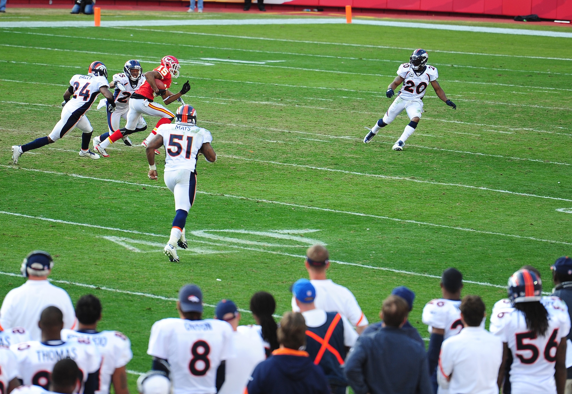 KANSAS CITY, Mo. -- A Kansas City Chief wide receiver runs up field as players from the Denver Broncos defense defend during an American Football Conference West game at Arrowhead Stadium Nov. 13. The Broncos beat the Chiefs 17-10 to clinch a week-long AFC West lead. (U.S. Air Force photo/Senior Airman Nick Wilson)