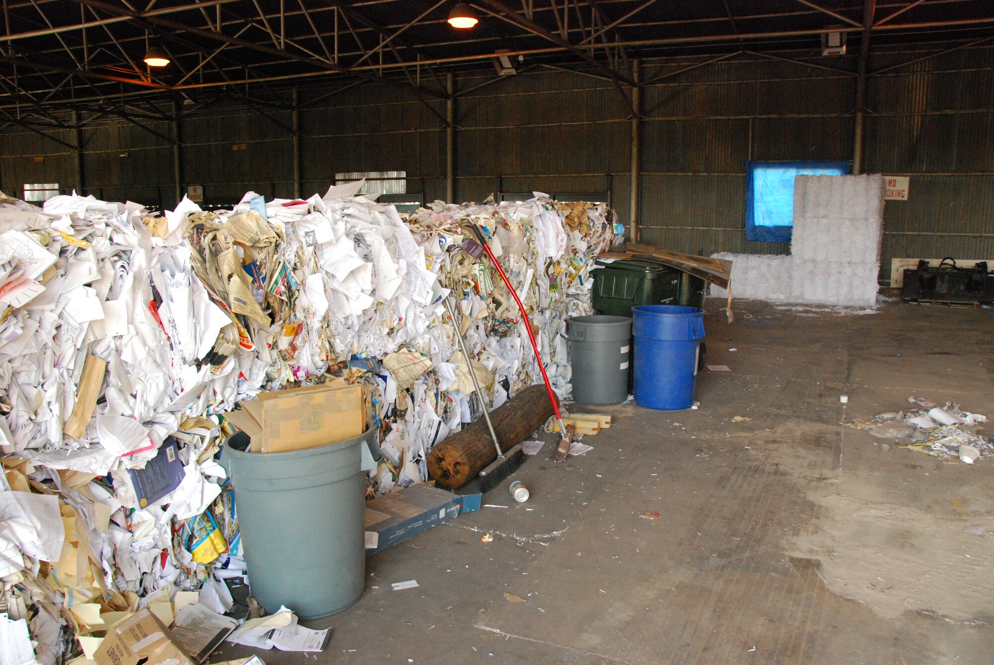 The Sheppard Recycling Center turns bags and bins of recycled items into sorted, compacted bales. Recycling on Sheppard Air Force Base, Texas, is user friendly with a 24-hour drop-off point at Building 2140 that accepts paper, plastics, cardboard, aluminum and tin cans, and scrap metal. (U.S. Air Force photo/Capt. Brittany Martin)