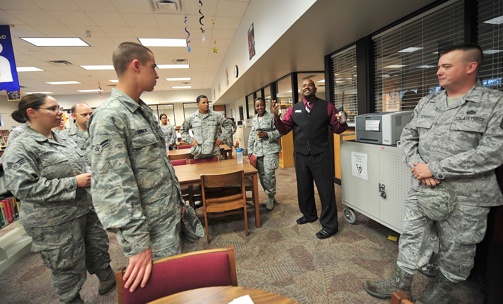 Dr. Derald Jones, Lowndes Middle School principal, speaks to Airmen from Moody Air Force Base, Ga., about his time in the military and how he used the skills learned in the Air Force to help students Nov. 10, 2011. Jones retired from the Air Force 11 years ago as a master sergeant from Moody. (U.S. Air Force photo by Staff Sgt. Stephanie Mancha/Released)
