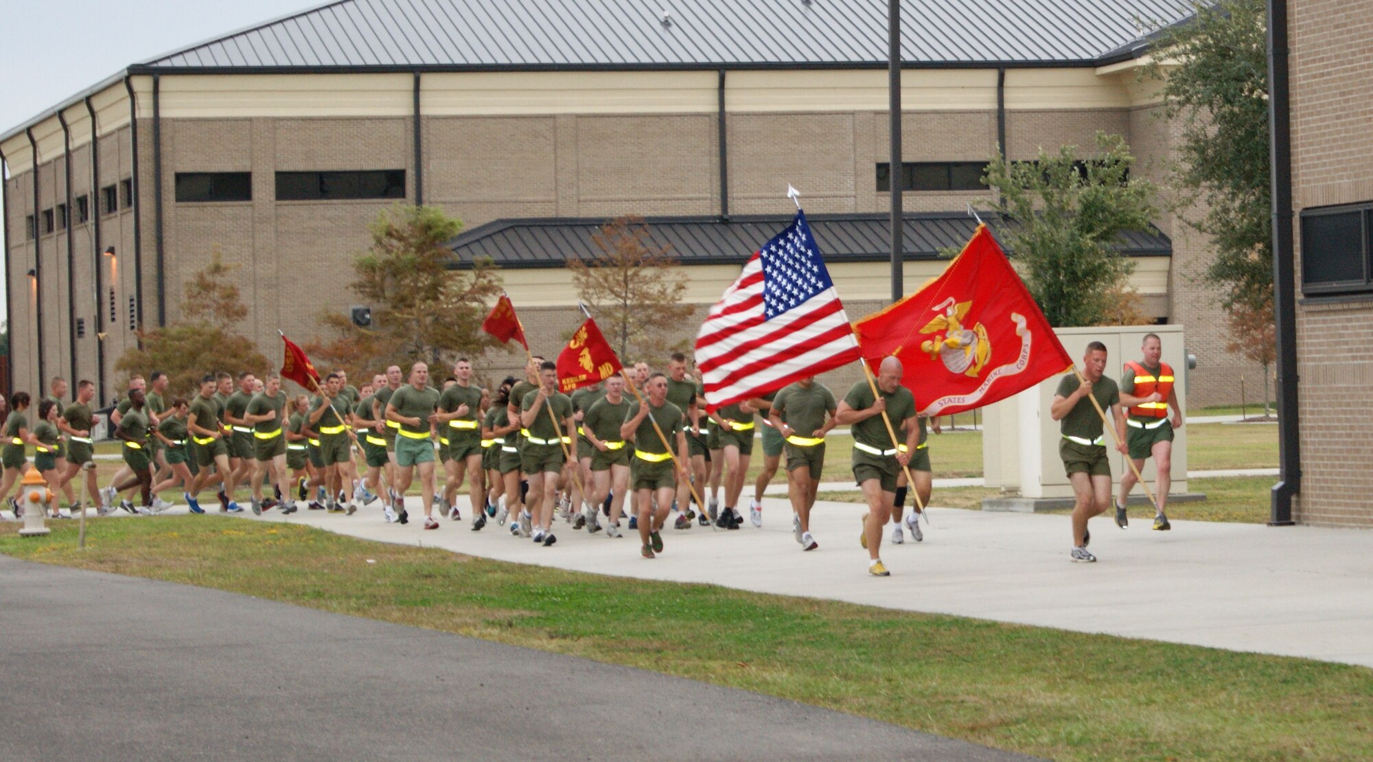 The Keesler Marine Corps Detachment completed a 1.5 mile motivational run commemorating the Marine Corps’ 236th Birthday Nov. 10, 2011.  The course took place throughout the triangle training area at Keesler Air Force Base, Miss.  (Photo by Paola Escobar)