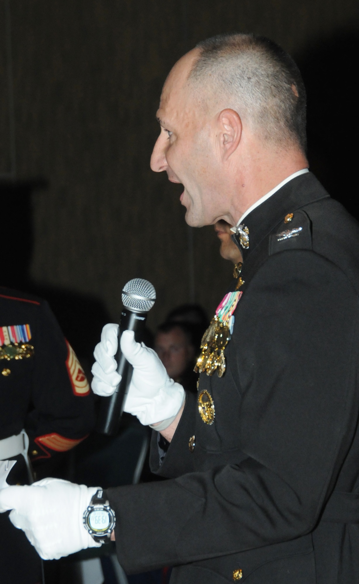 Col. Raymond Celeste Jr.,  Military Legislative Assistant to Congressman Walter B. Jones, is the guest of honor during the Marine Corps Ball Nov. 10, 2011, at the Mississippi Coast Coliseum Convention Center in Biloxi, Miss.  (U.S. Air Force photo by Kemberly Groue)