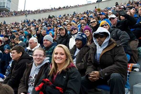 Ellsworth Airmen watch the AF Falcons vs. Army Knights football game at the Air Force Academy in Colorado Springs, Colo. Nov. 5, 2011. The group traveled to the game as part of a package offered by 28th Force Support Squadron outdoor recreation office. The package included travel, lodging, and fun for an affordable price for the members of Ellsworth. (U.S. Air Force photo by Airman Alystria Maurer/Released)