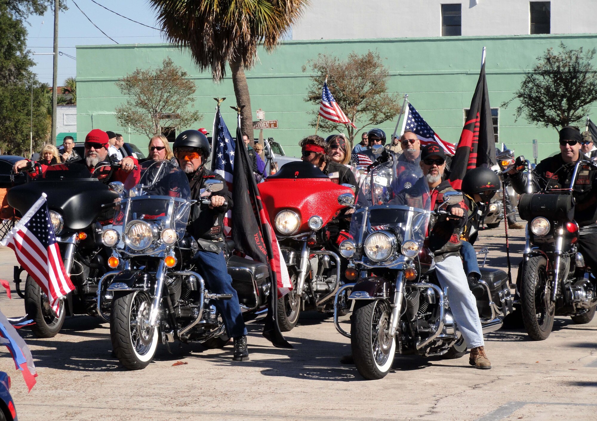 The Patriot Riders participate in the Panama City Veterans Day parade Nov. 11, 2011. Other parade participants included a formation of current and former female servicemembers -- many from 1st Air Force (Air Forces Northern) -- and ROTC units from various area schools. Brig. Gen. Robert Beletic, 1st Air Force (Air Forces Northern) vice commander, was the guest speaker for the parade. (U.S. Air Force photo by Mary McHale) 