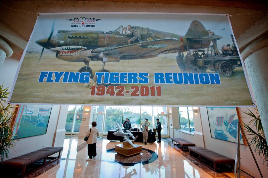 A banner for the 2011 Flying Tigers Reunion hangs in the lobby area of a hotel in Tampa, Fla., Nov. 11, 2011. The history of the Flying Tigers dates back to 1941, when Lt. Gen. Claire Lee Chennault created the first American Volunteer Group. The group comprises of three squadrons which fought with China during World War II against Japanese forces. (U.S. Air Force photo by Staff Sgt. Jamal D. Sutter/Released)