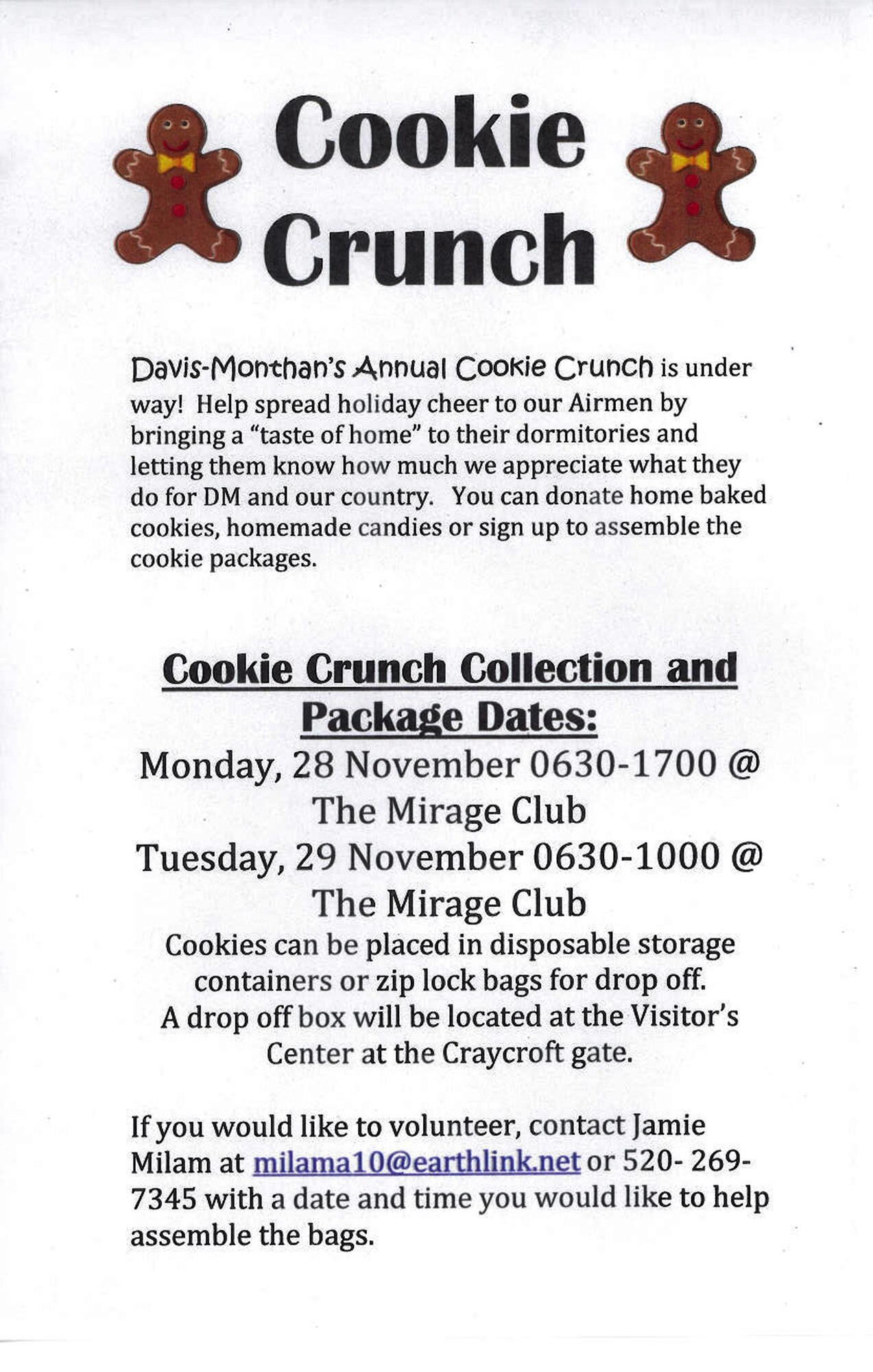 This handout lists the days donations will be collected at the Mirage Club on Davis-Monthan Air Forece Base, Ariz. (Handout courtesy of Jamie Milam)
