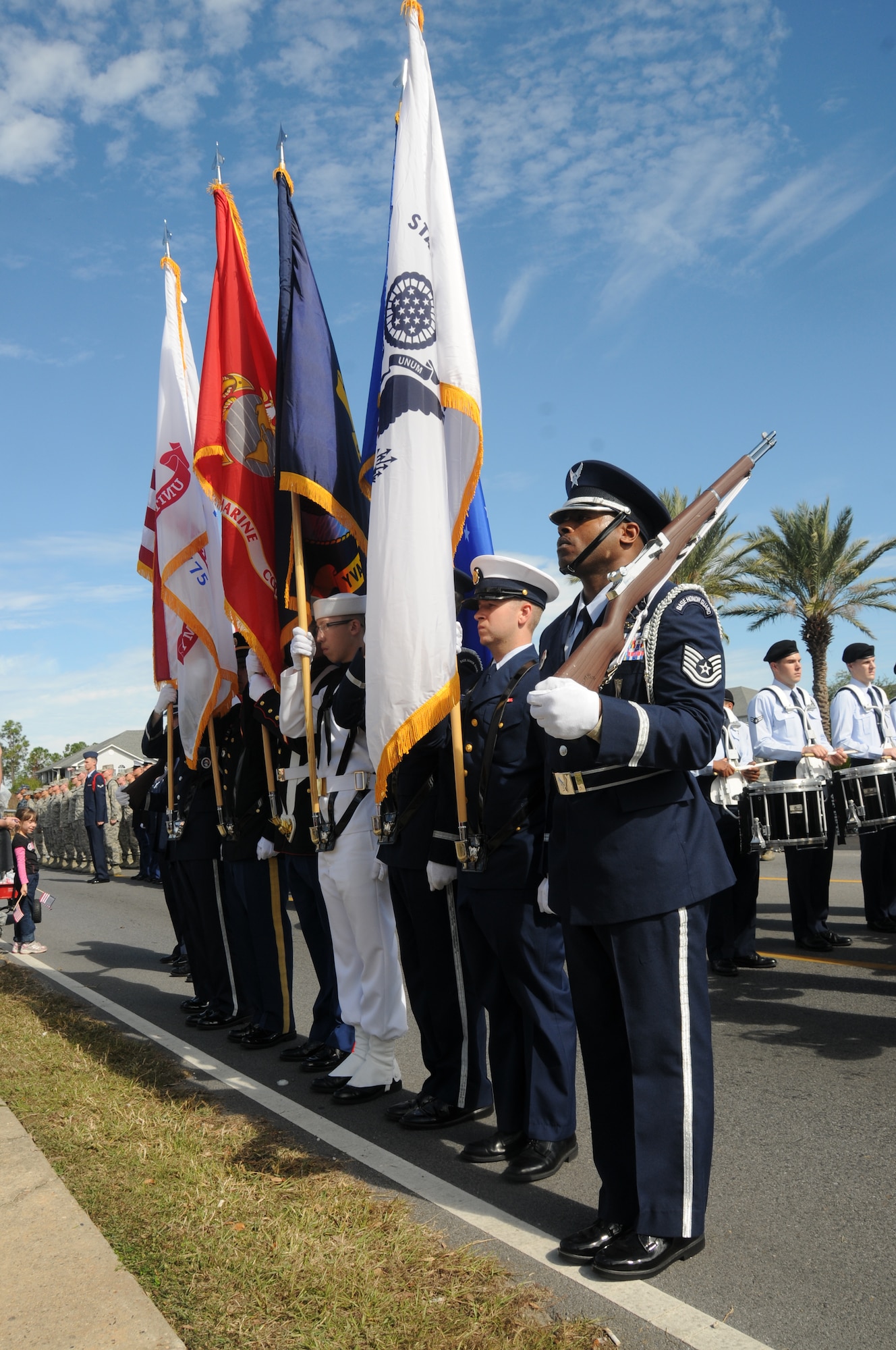 The Color Guard consisting of members from the United States Armed Forces lead the parade and present the colors for the National Anthem during the 11th Annual Gulf Coast Veterans Day Parade in D’Iberville, Miss., Nov. 12, 2011.  (U.S. Air Force photo by Kemberly Groue)
