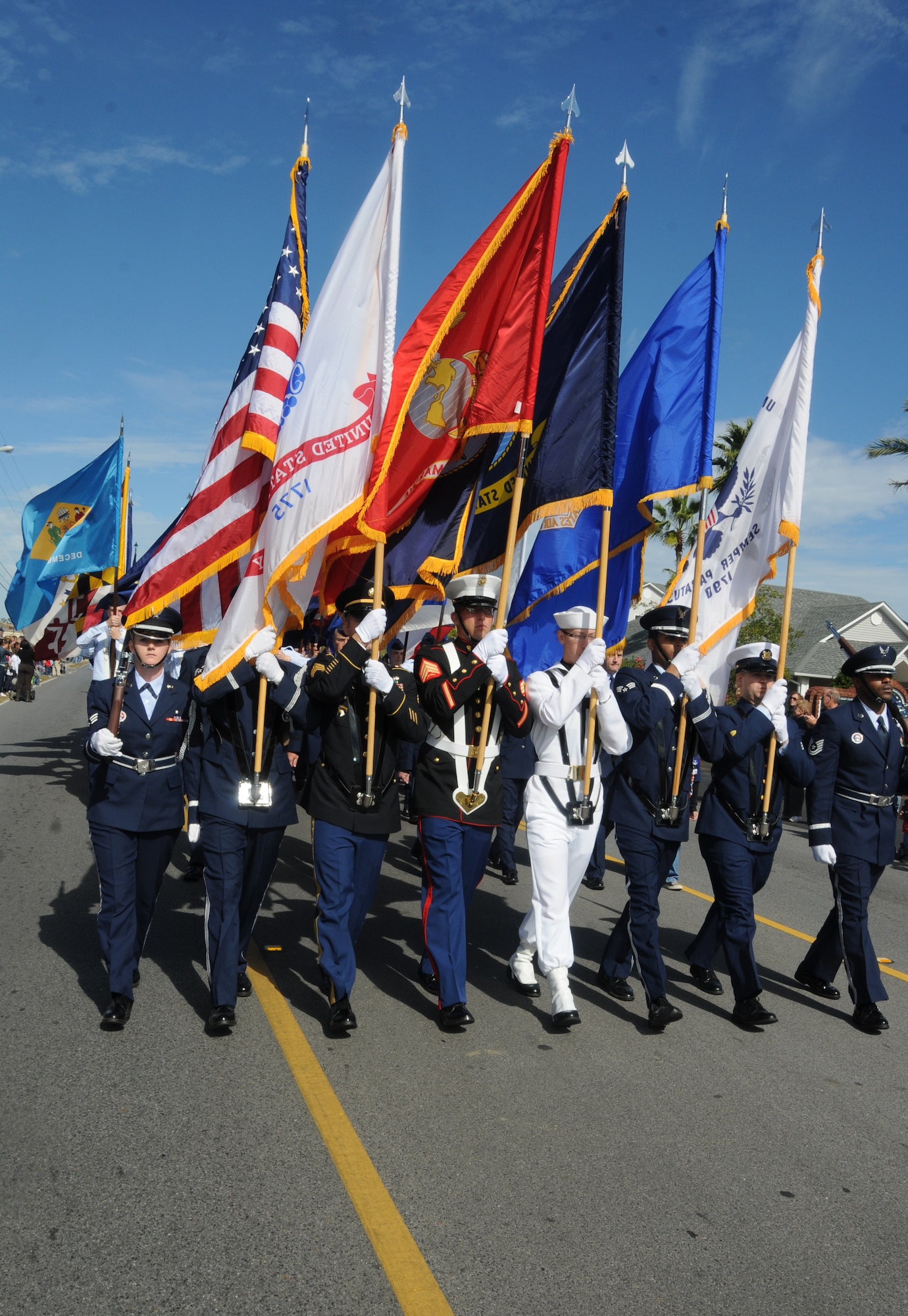 Members from the United States Armed Forces make up the color Guard to lead the parade and present the colors for the National Anthem during the 11th Annual Gulf Coast Veterans Day Parade in D’Iberville, Miss., Nov. 12, 2011.  (U.S. Air Force photo by Kemberly Groue)
