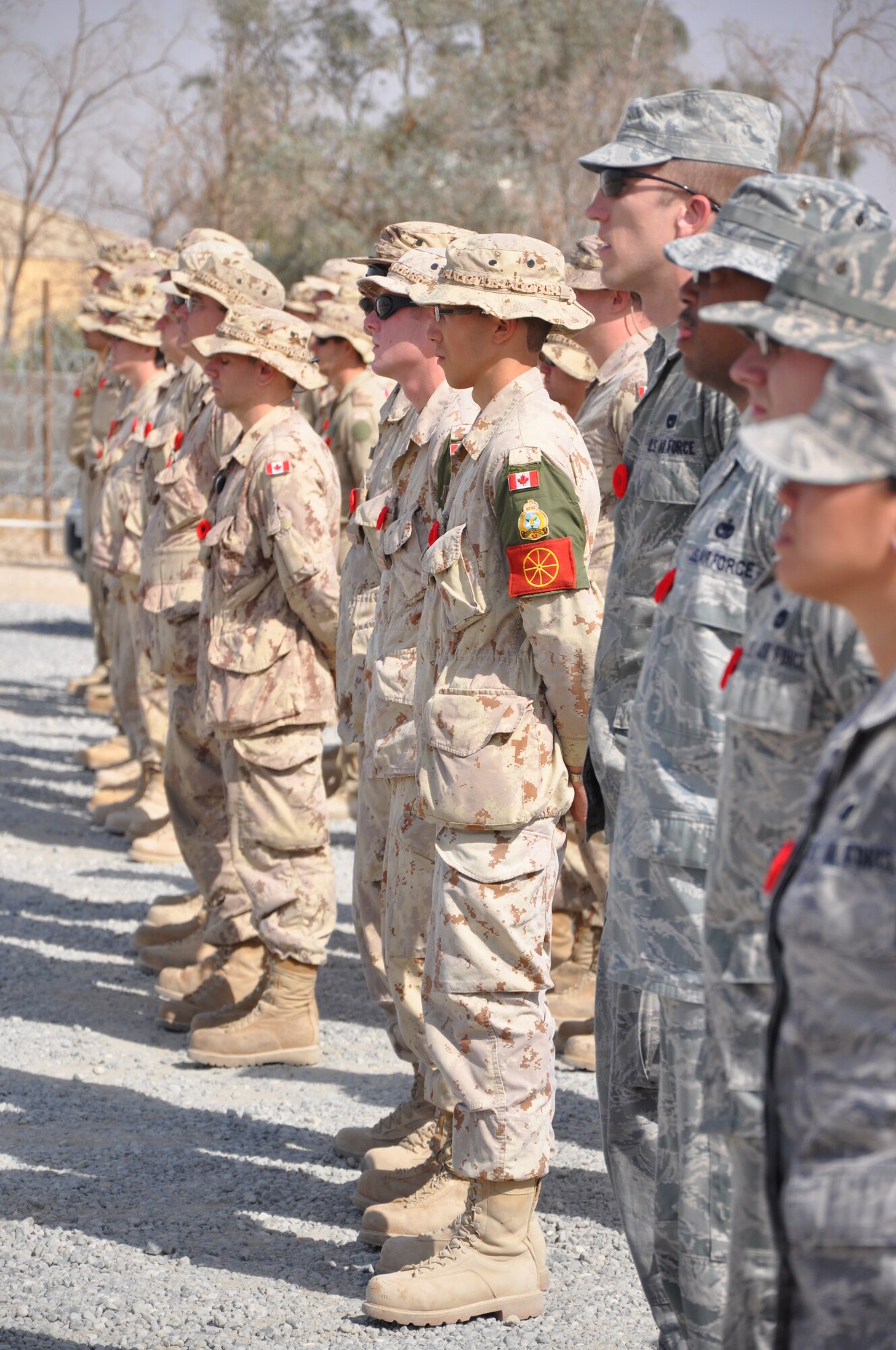 The 386th Air Expeditionary Wing joined the Royal Canadian Air Force in a ceremony to honor the Canadian holiday, Remembrance Day, Nov. 11 at an undisclosed location in Southwest Asia. (U.S. Air Force photo by Senior Airman Rachelle Elsea)
