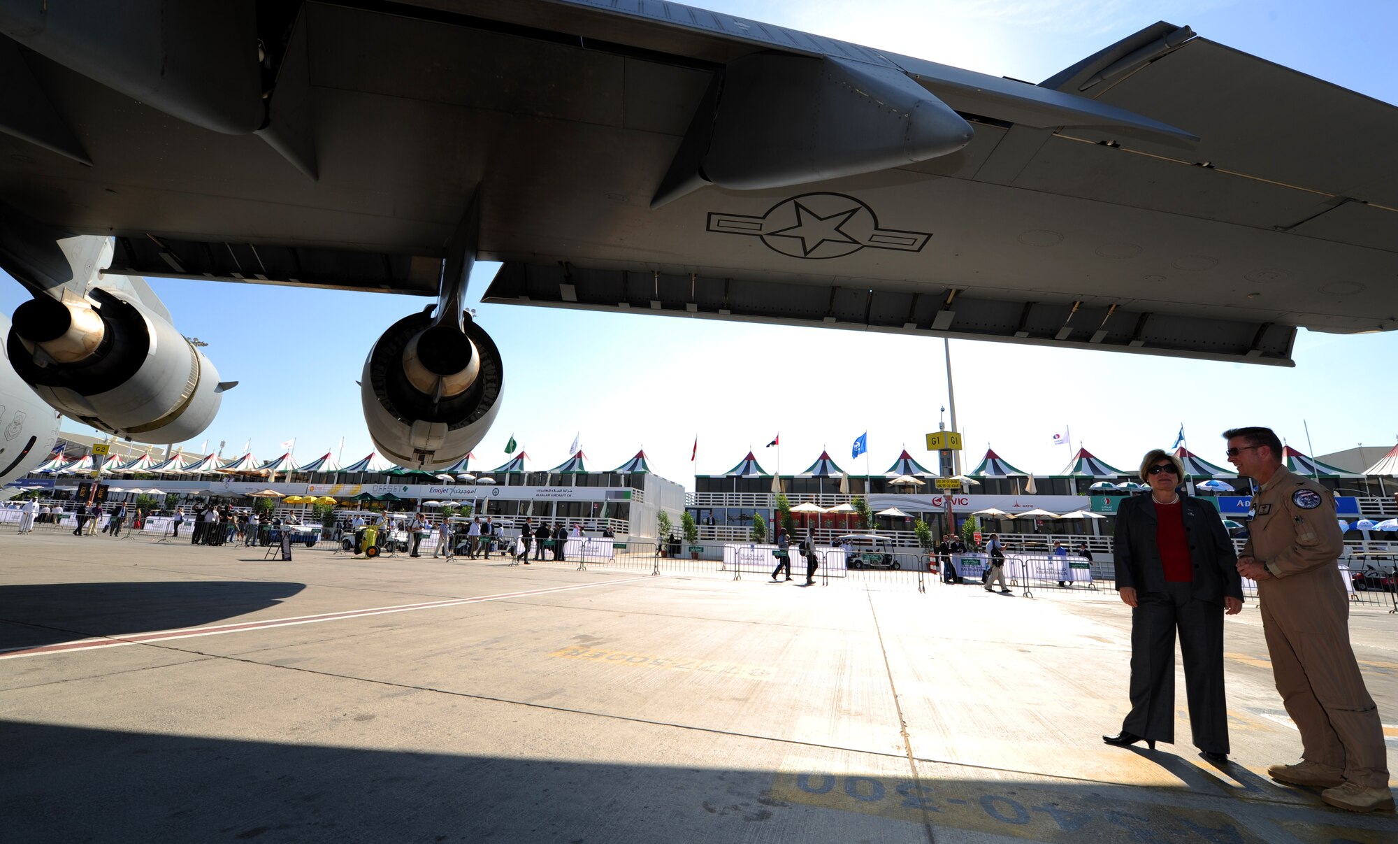 Heidi Grant, Deputy Under Secretary of the Air Force, International Affairs, Washington, D.C., visits Airmen during the Dubai Airshow, Nov. 14, 2011, Dubai, United Arab Emirates.  The event demonstrates a shared commitment both to regional security and to developing our key relationships throughout Southwest Asia.  (U.S. Air Force photo by Tech. Sgt. Rey Ramon)