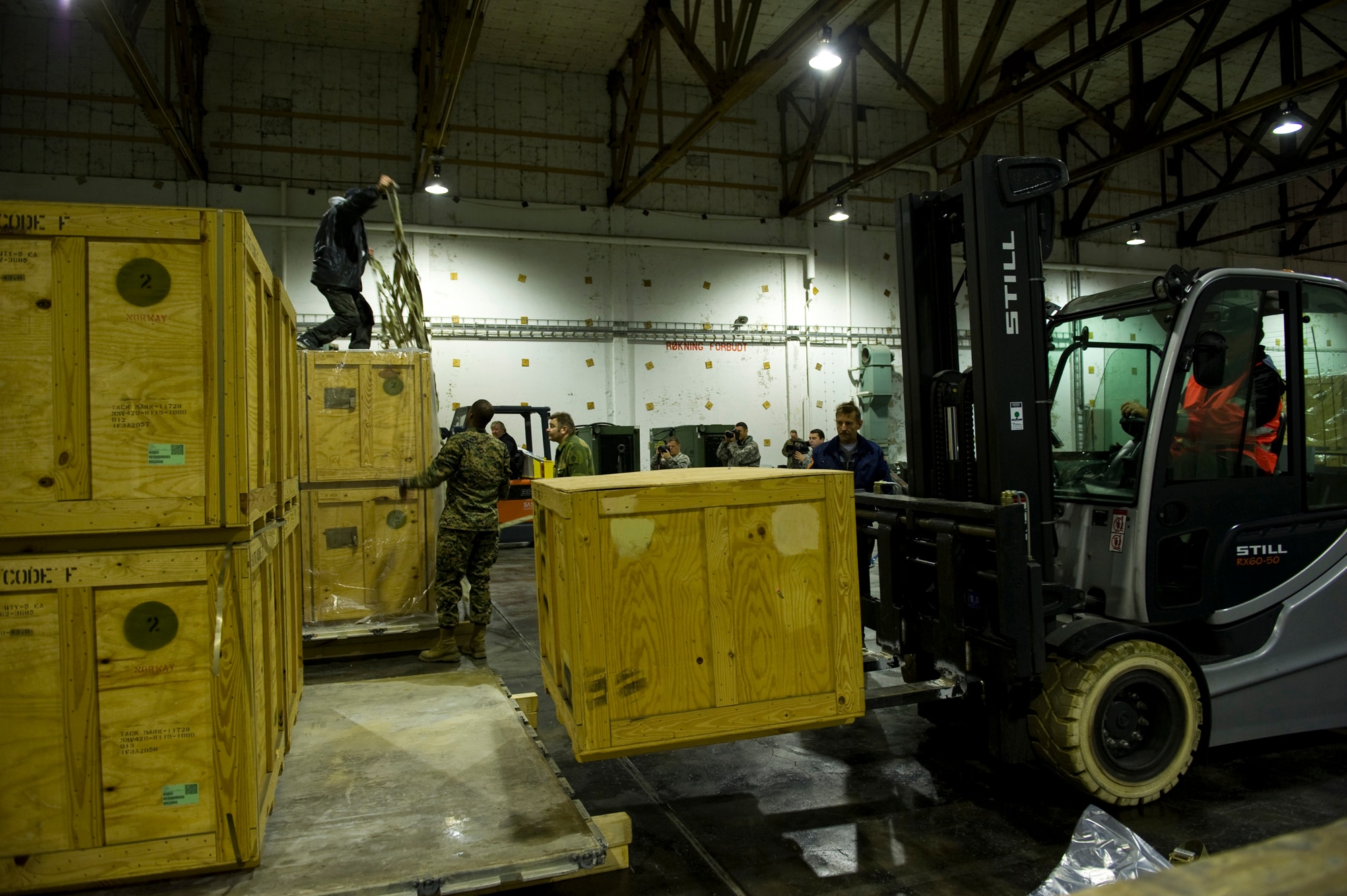 Members of the Norwegian Defense Logistic Organization/Marine Expeditionary Brigade and Marine Forces Europe prepare pallets of humanitarian supplies for transportation for Turkey, Nov. 14, 2011. The effort is in support of the Turkey-led relief efforts following the Nov. 9, and Oct. 23, 2011, earthquakes in Van province, Turkey. At the request of the Turkish government the Department of Defense has tasked U.S. European Command to airlift relief supplies to Van province.  (U.S. Air Force photo/Master Sgt. Wayne Clark, AFNE Regional News Bureau) (Released)